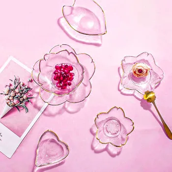 1шт Шикарная цветочная Стеклянная чаша Розовое Прозрачное блюдо в виде вишни, Йогурт, Фруктовый десерт, Салатницы, украшение посуды