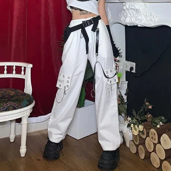 Женские брюки для работы в стиле готический уличный хип-хоп с металлическим декором в стиле харадзюку, повседневные брюки с широкими штанинами для пикантных девушек