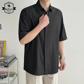 Зрелая простая рубашка из ледяного шелка, мужская Корейская модная повседневная рубашка с лацканами и короткими рукавами, мужские свободные однотонные топы с ощущением провисания