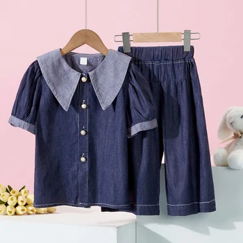 Летний детский джинсовый комплект для девочек, костюм, школьная форма для подростков, Рубашка с коротким рукавом и шорты, детские костюмы 6, 8, 10, 12 лет