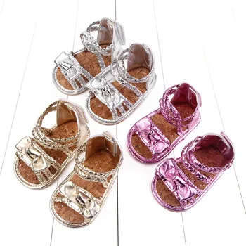 Летняя обувь для маленьких девочек в Риме из искусственной кожи с бантом, мягкая подошва, противоскользящие резиновые сандалии на плоской подошве для младенцев, сандалии для первых ходунков для малышей
