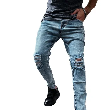 Мужские модные джинсы с дырками на коленях, рваные обтягивающие джинсовые брюки, однотонные осенне-летние брюки в стиле хип-хоп, облегающие