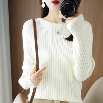 Осеннее Корейское издание, Женские вязаные свитера с вырезом лодочкой, модный однотонный пуловер, свитер, женская тонкая рубашка с подкладкой с длинным рукавом